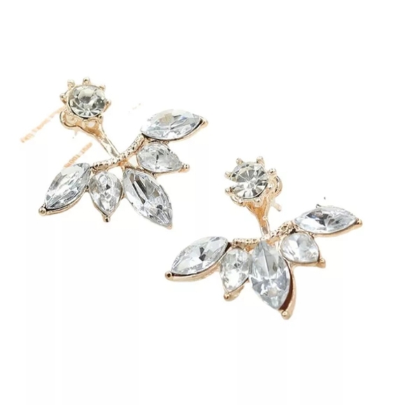 Crystal Flower Stud Earrings Gold Tone Leaf Flower Formal Wedding Prom Jewelry - Picture 5 of 7